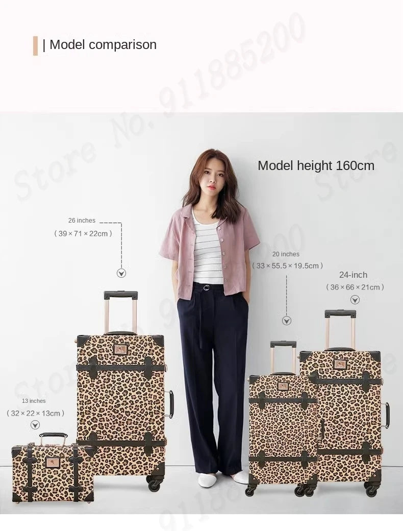 Trendy Retro Luggage Women's Roller Trunk Leopard Print Leather Suitcase 20" Boarding Box Set Waterproof Password Suitcase