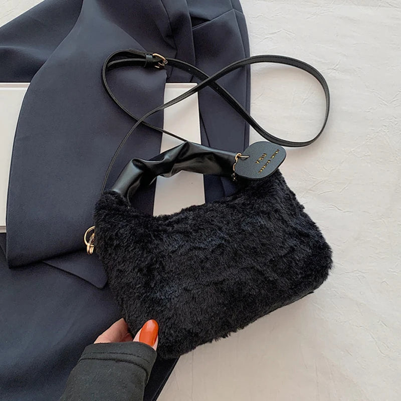 Women Faux Fur Plush Handbags Ruched Handle Small Lady Shoulder Crossbody Bag Casual Half-Moon Hobos Winter Bags for Women