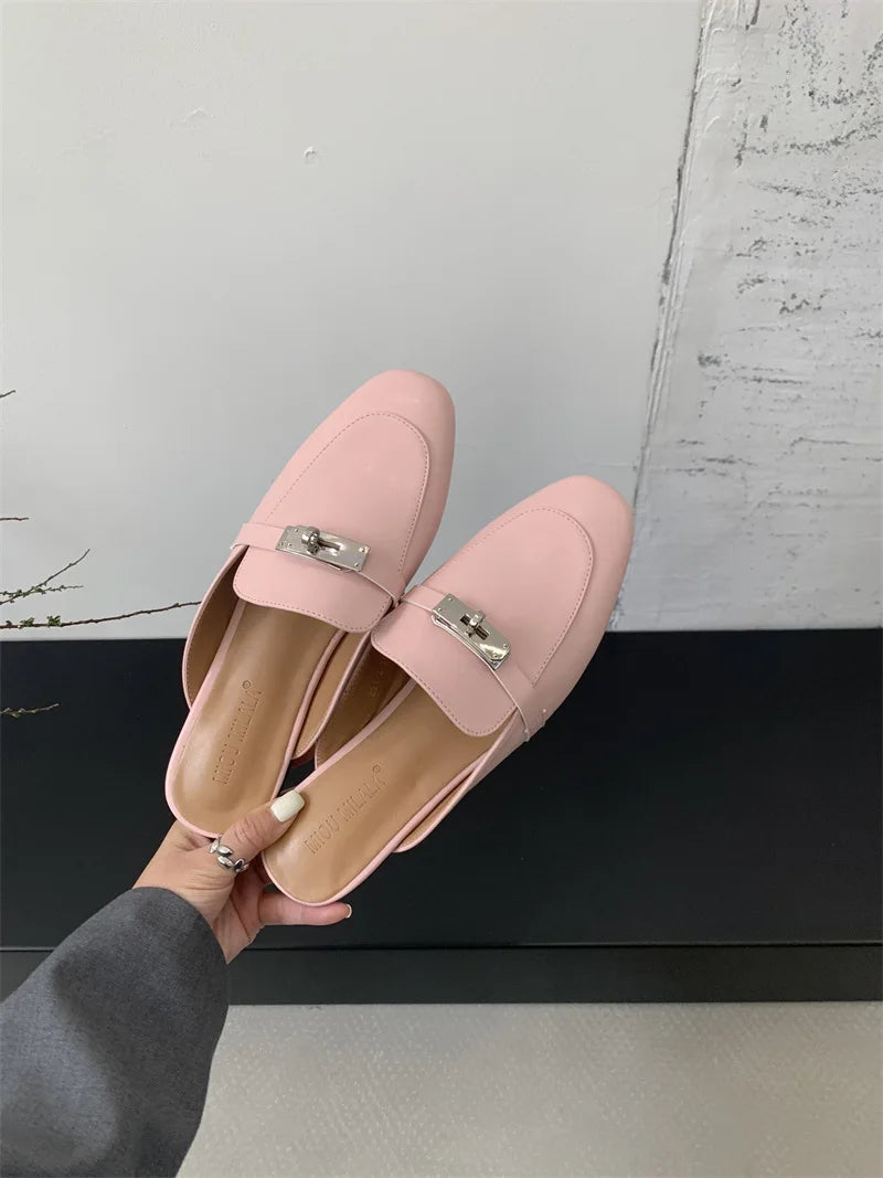 2025 Summer Autumn New Women's Leather Comfortable Slip On Slippers Daily Metal Decoration Casual Outside Mules Female Sandals