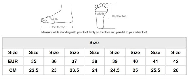 Black and white sizing chart with foot measurement illustrations for cushioned platform shoes to help find the right fit.
