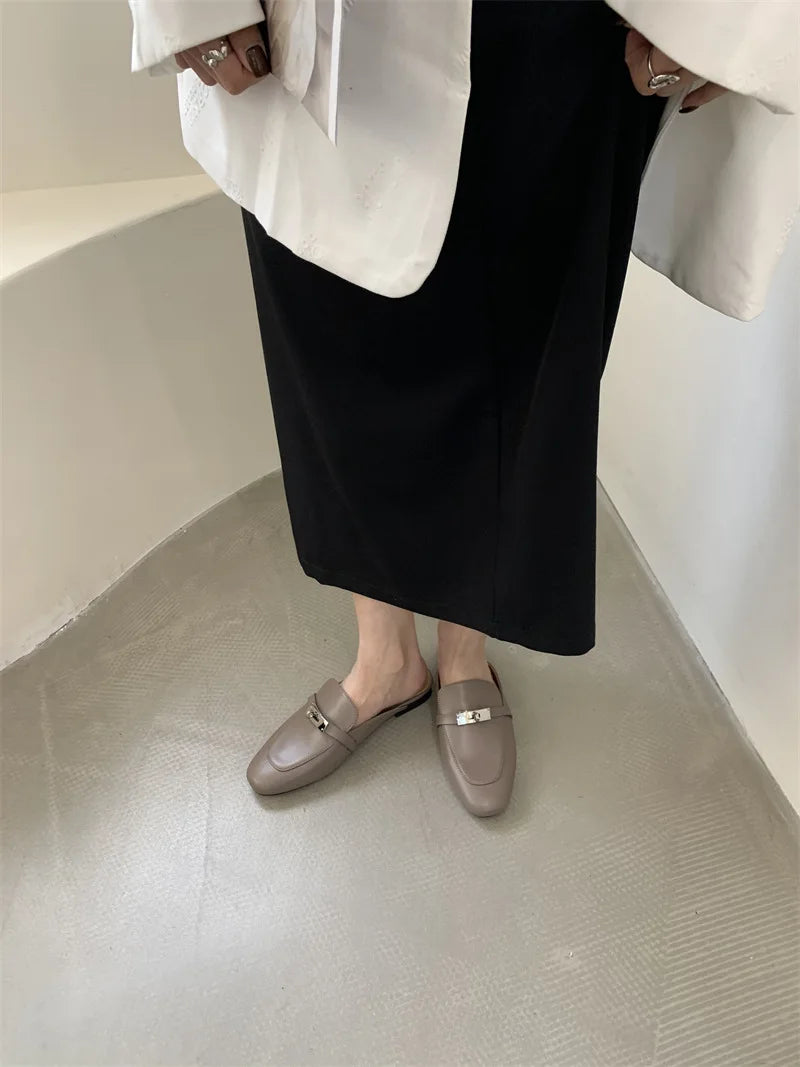2025 Summer Autumn New Women's Leather Comfortable Slip On Slippers Daily Metal Decoration Casual Outside Mules Female Sandals
