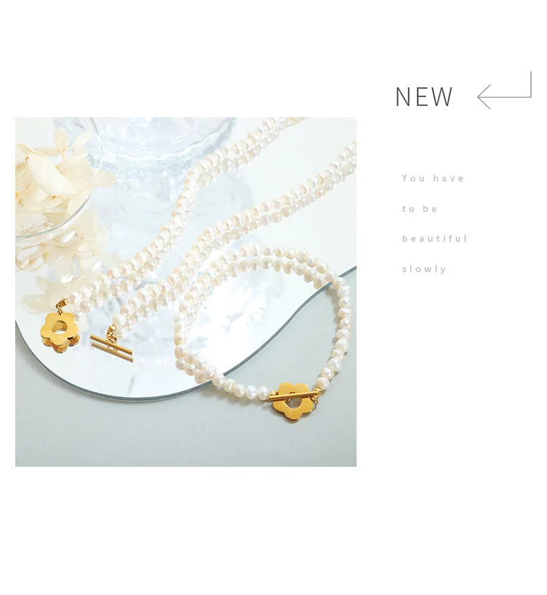 Natural Freshwater Pearl Bead Necklace Bracelet For Women Stainless Steel Gold Plated OT Buckle Women's Necklaces Bracelets Sets