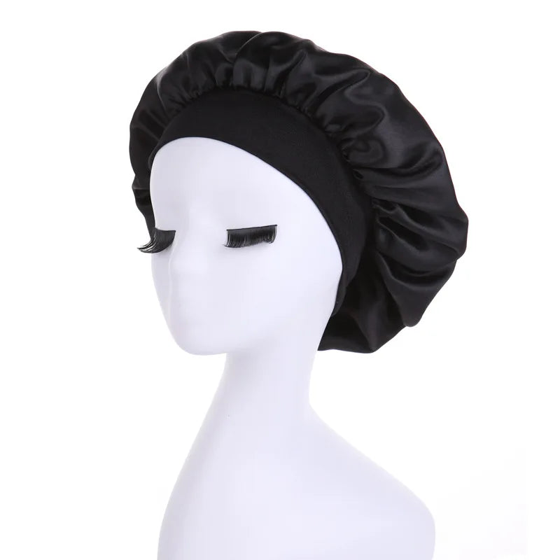 Women Satin Bonnet Wide Band Elastic Sleep Cap Hair Care Head Wrap Beauty Spa Bathing Hat Night Sleeping Cap for Curly Long Hair