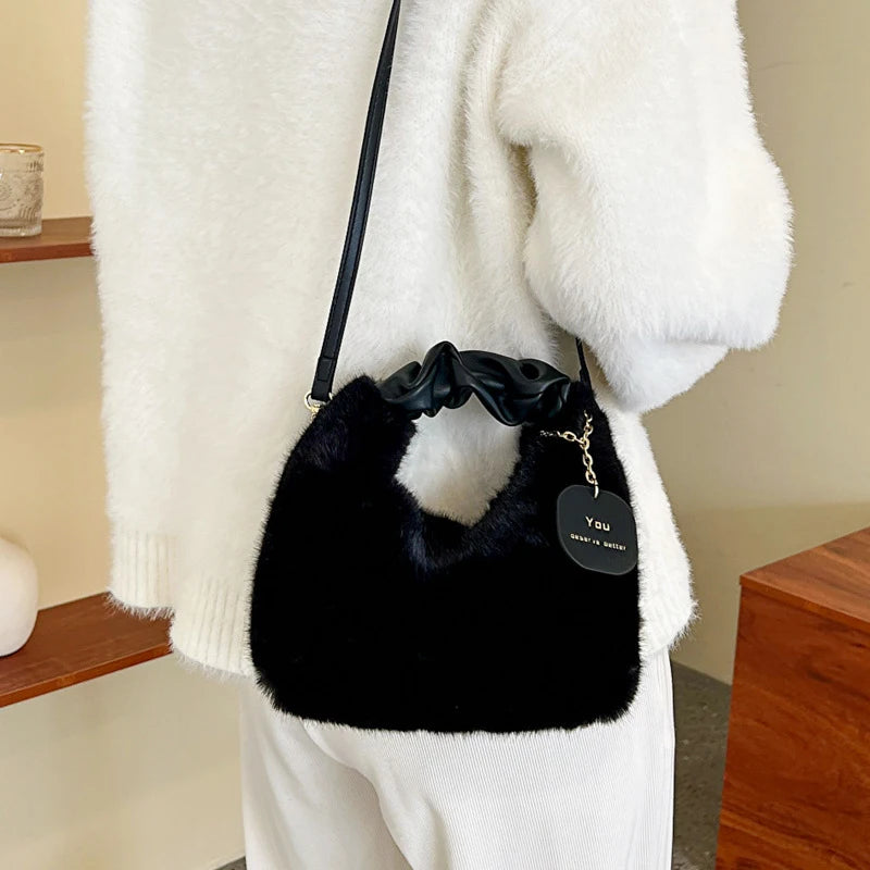 Women Faux Fur Plush Handbags Ruched Handle Small Lady Shoulder Crossbody Bag Casual Half-Moon Hobos Winter Bags for Women