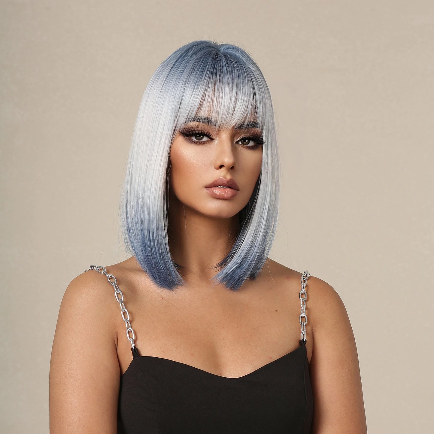 Synthetic Wigs Short Ombre Sky Blue White Wig with Bangs Straight Blunt Bob Cut Hair for Women Halloween Cosplay Heat Resistant