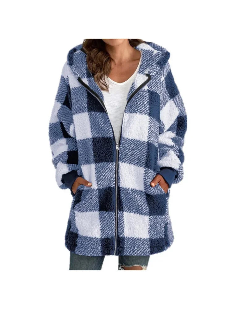 Plush women's coat 2026 long sleeve plaid hooded zipper loose coat with pocket coat women
