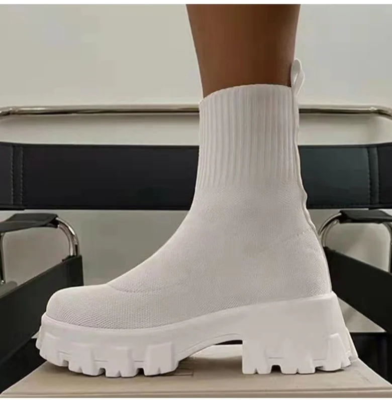 CloudStep Luxe Platform Sock Shoes Boots – Chunky Knit Stretch Boots with Heels | Trendy Women’s Fashion Streetwear Shoes