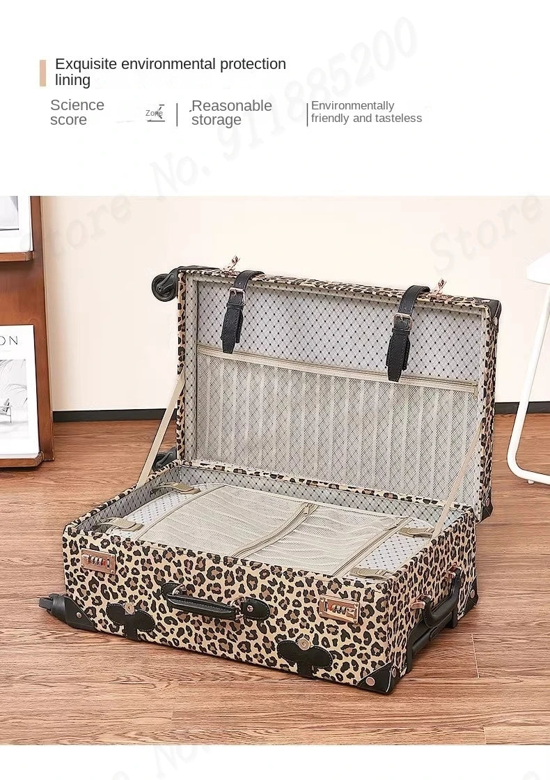 Trendy Retro Luggage Women's Roller Trunk Leopard Print Leather Suitcase 20" Boarding Box Set Waterproof Password Suitcase