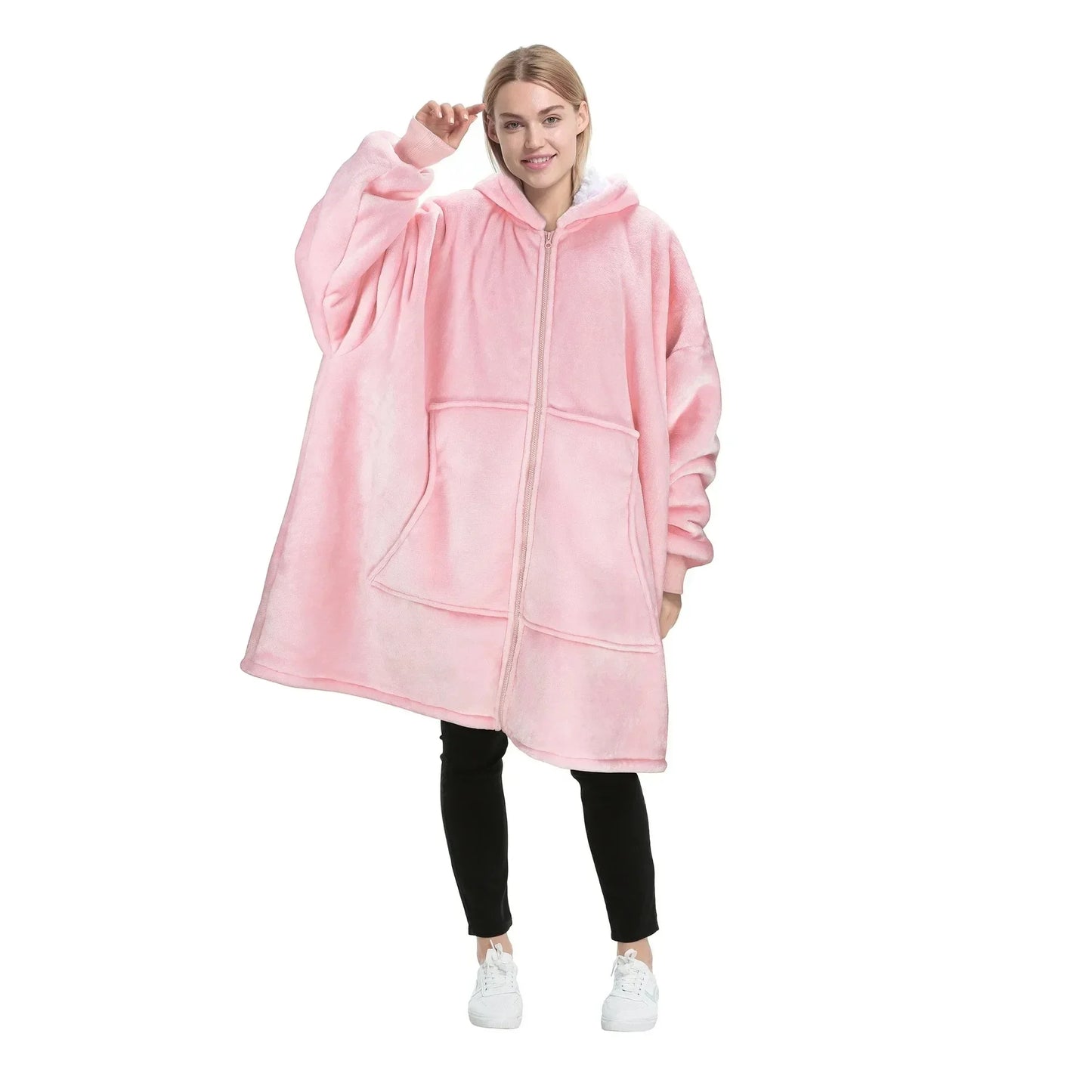 Unisex Fleece Hoodie Sweatshirt Blanket With Front Zipper And Deep Pockets In An Oversized Wearable Design