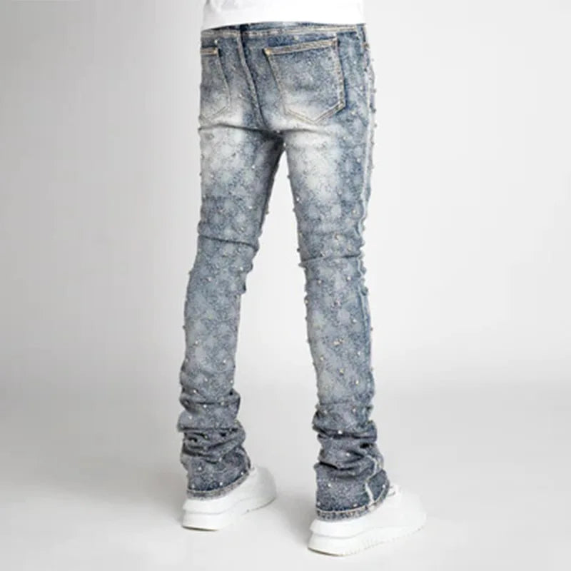 Stretchy Pearls Skinny Jeans For Men 2024 New Fashion Fashion Rhinestone European Street Personality Stacked Denim Pants