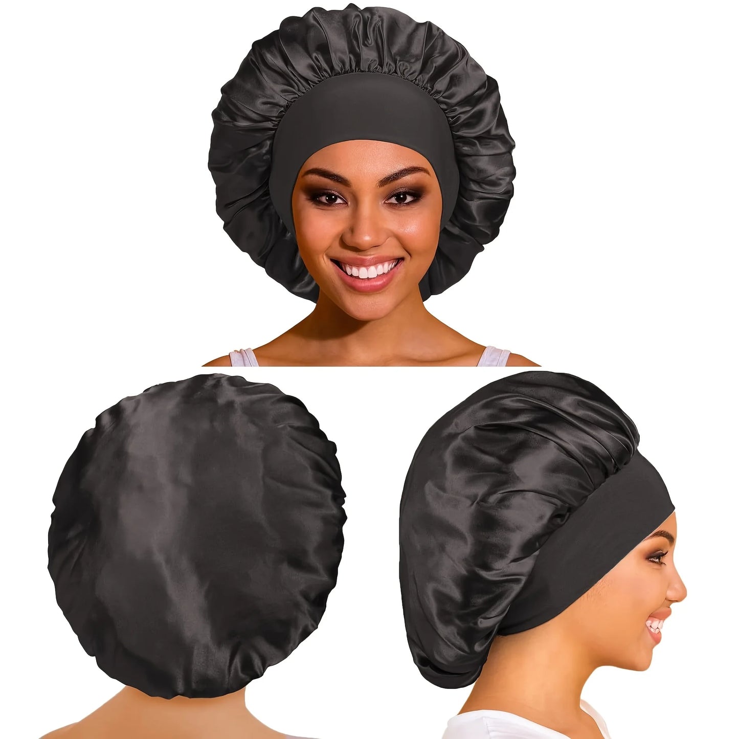 Women Satin Bonnet Wide Band Elastic Sleep Cap Hair Care Head Wrap Beauty Spa Bathing Hat Night Sleeping Cap for Curly Long Hair
