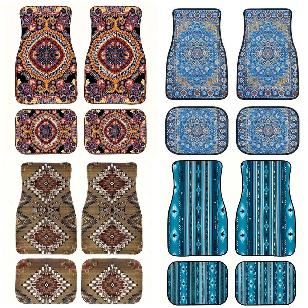 4Pcs Bohemian Car Floor Mats Rubber Back Heavy Duty Persian Carpet Dirty Resistant Car Decoration Car Floor Protector Rugs