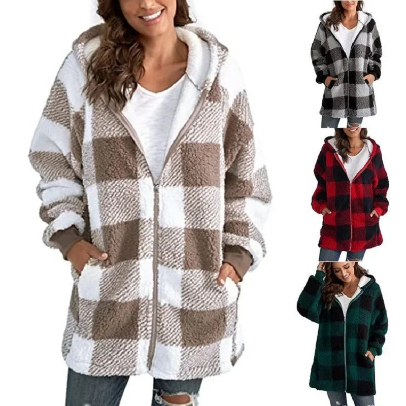 Plush women's coat 2026 long sleeve plaid hooded zipper loose coat with pocket coat women