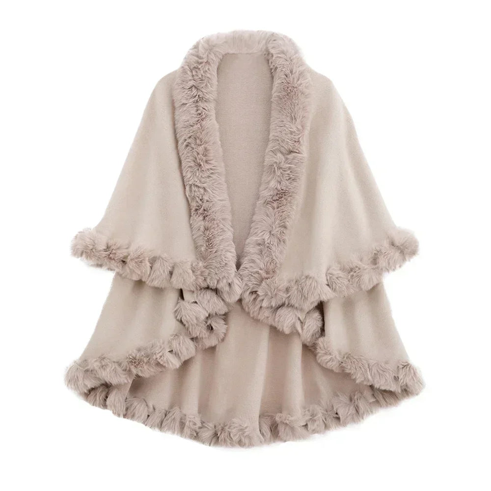 Double Layer Faux Fur Trim Womens Knitted Poncho Shawl Warm Cape Multiple Colors Ideal for Fall and Winter Daily and Formal Wear