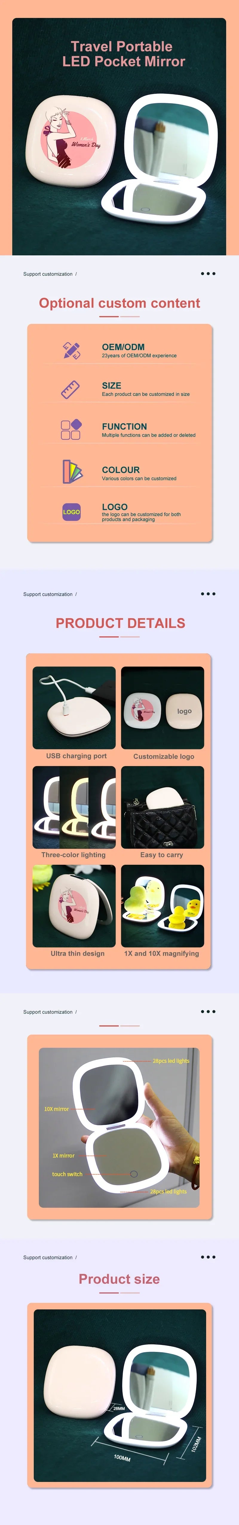 USB Rechargeable Folding Portable LED Makeup Mirror Touch Screen Dimming Handheld With 10X Magnifying Travel Cosmetic Mirrors