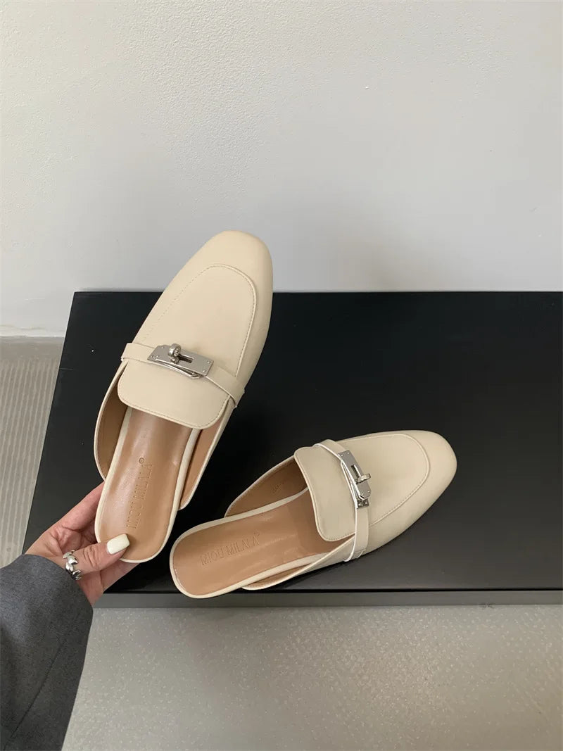 2025 Summer Autumn New Women's Leather Comfortable Slip On Slippers Daily Metal Decoration Casual Outside Mules Female Sandals