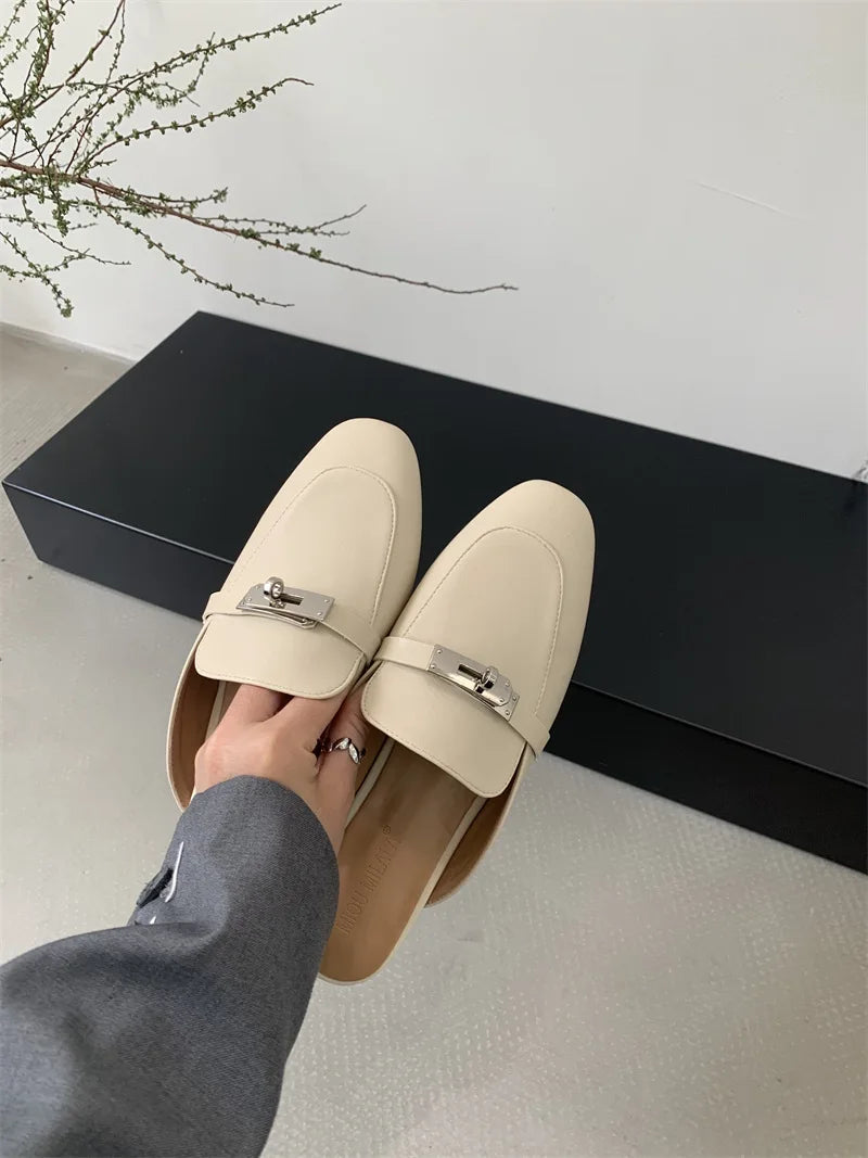 2025 Summer Autumn New Women's Leather Comfortable Slip On Slippers Daily Metal Decoration Casual Outside Mules Female Sandals