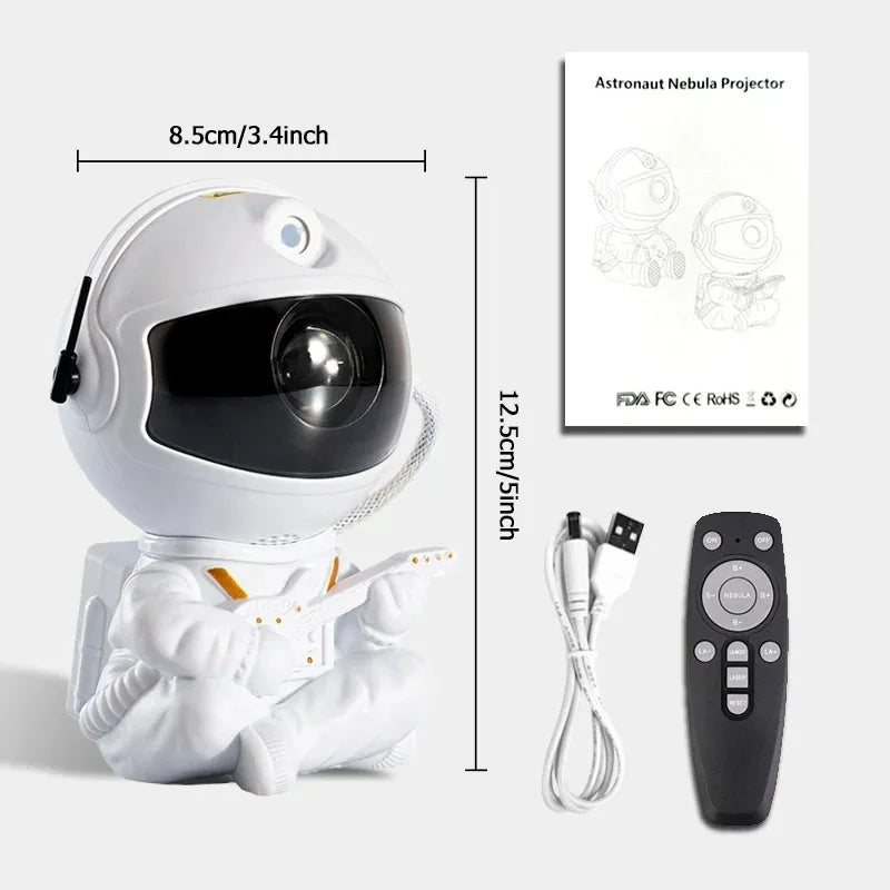 White astronaut-shaped LED home decor lamp with a remote and power cable for ceiling light projection.