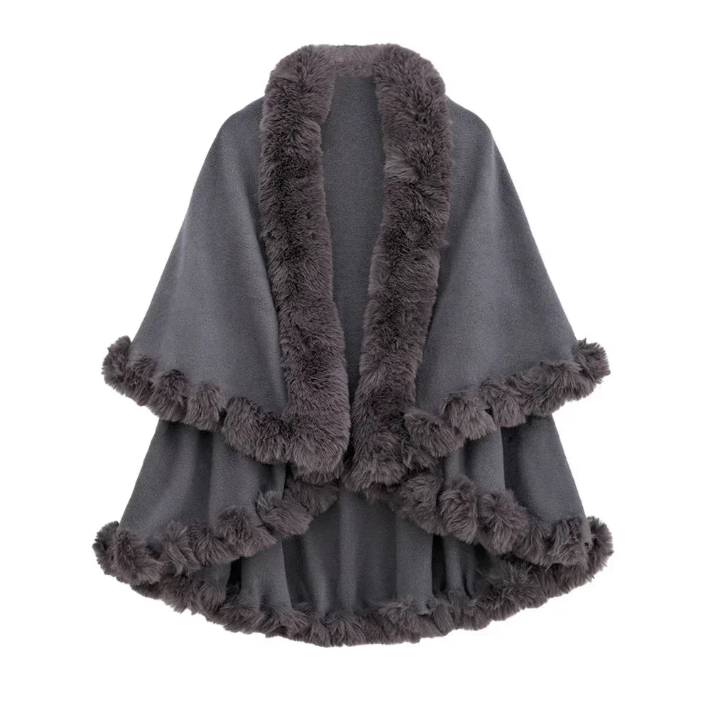 Double Layer Faux Fur Trim Womens Knitted Poncho Shawl Warm Cape Multiple Colors Ideal for Fall and Winter Daily and Formal Wear