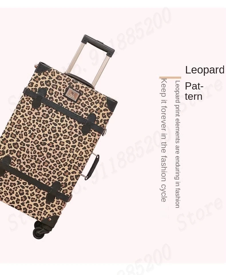 Trendy Retro Luggage Women's Roller Trunk Leopard Print Leather Suitcase 20" Boarding Box Set Waterproof Password Suitcase
