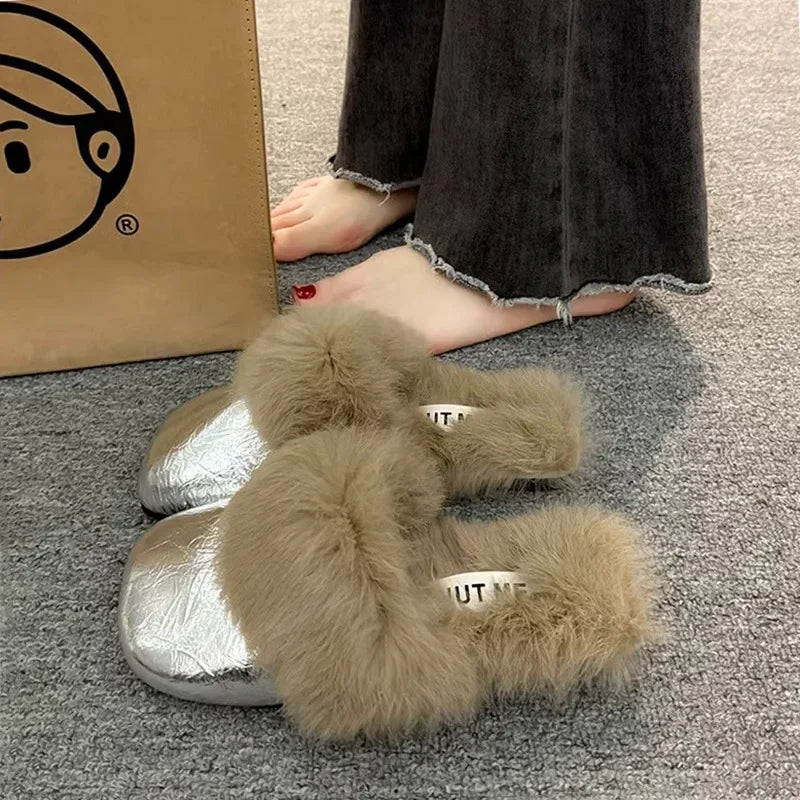 Women's Autumn/Winter Outdoor Wear New Style Flat Bottom Fur Slippers One Foot Drag No Heel Mule Fur Slippers Adult Simple