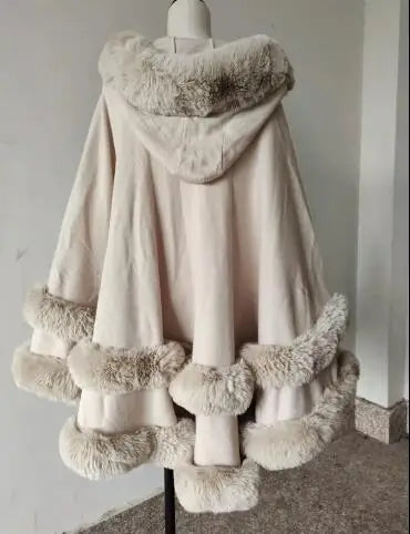 7 Women 2 Circle Fur Poncho Shawl Cloak With Hat Faux Fur Cape Big Pendulum Dovetail Cardigan Winter Warm Thick Loose Overcoat