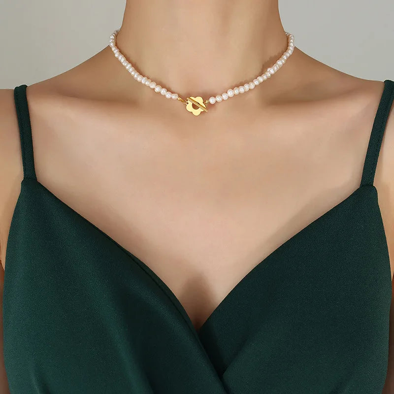 Natural Freshwater Pearl Bead Necklace Bracelet For Women Stainless Steel Gold Plated OT Buckle Women's Necklaces Bracelets Sets