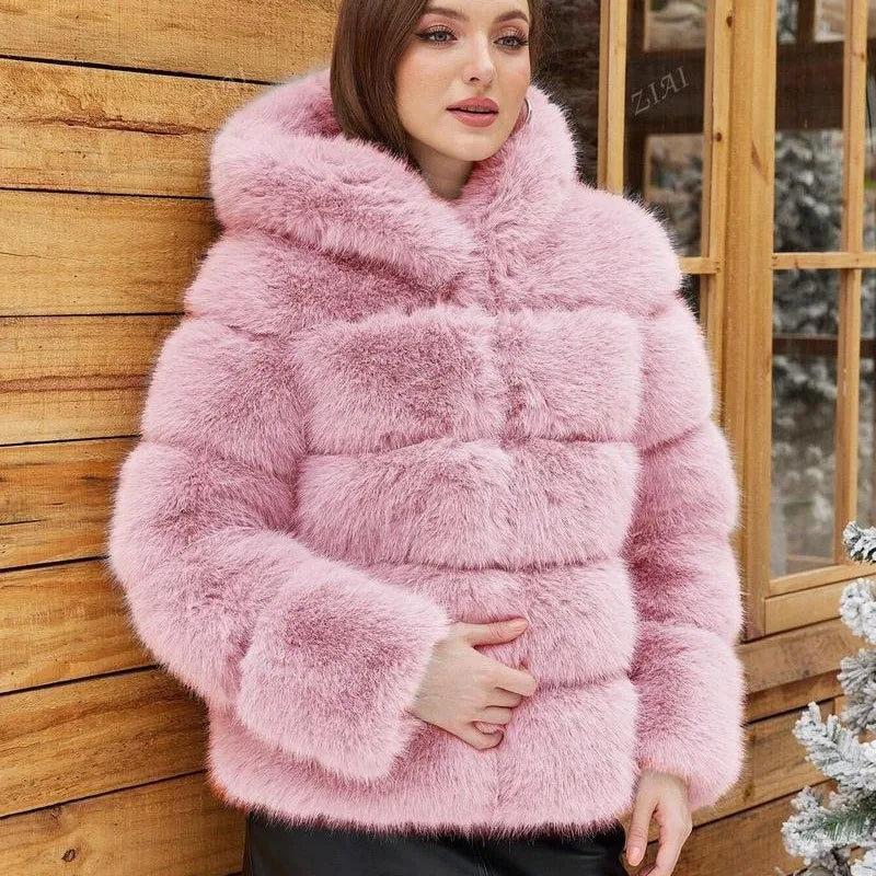 Luxe Women's Short Hooded Faux Fox Fur Coat Fashion Streetwear with Faux Fur Trim Thickened Winter Faux Fur Outwear