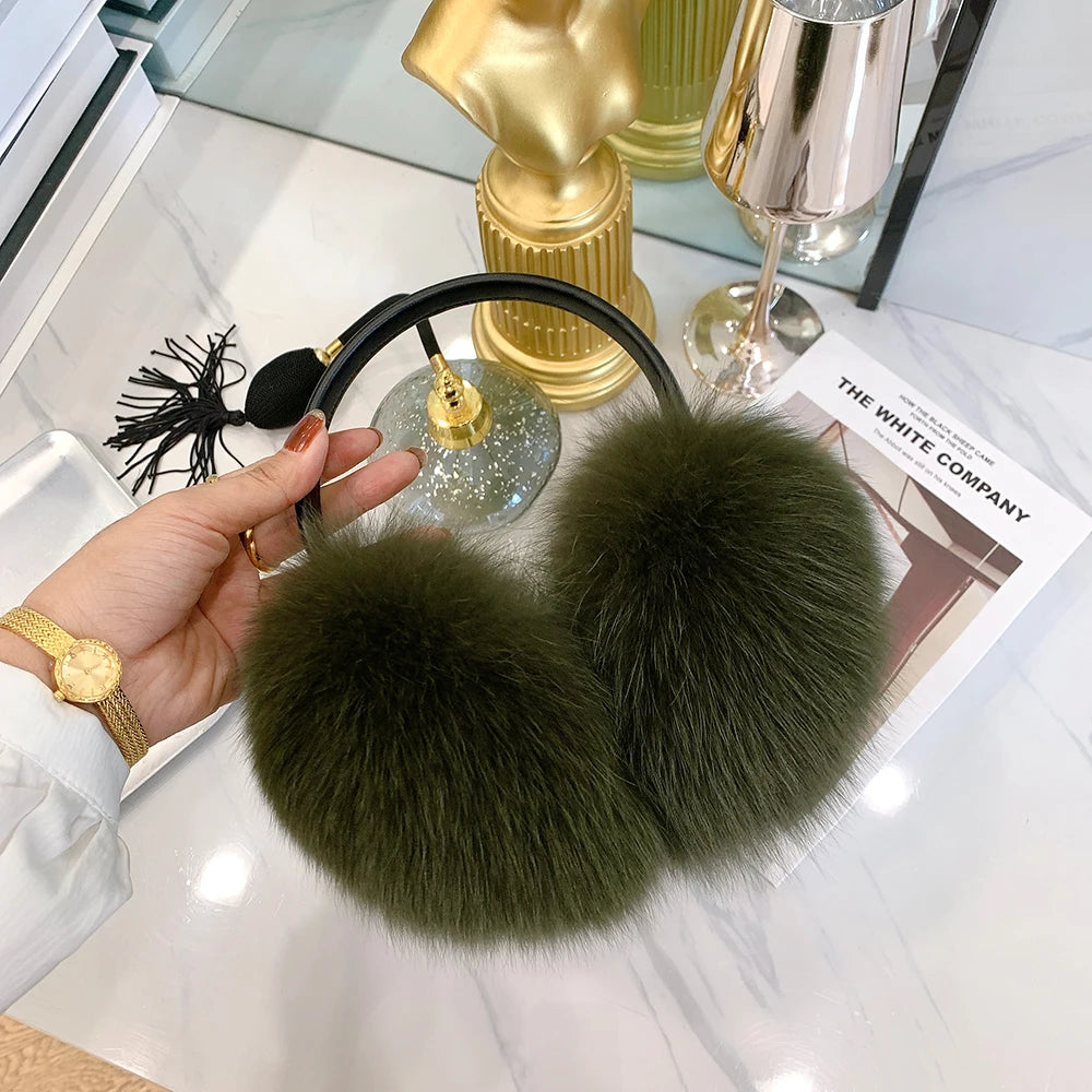 Winter Women Warm Real Fox Fur Earmuffs Girl's Earlap Ultra Large Ladies Plush Earmuff Luxury Ladies Fox Fur Earmuffs