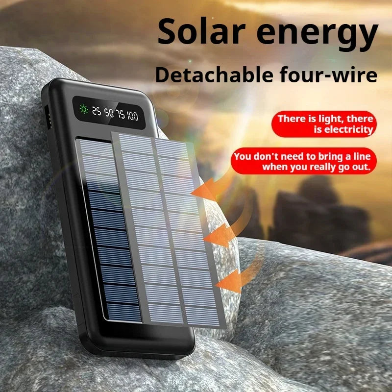 Solar Power Bank 20000mAh - Portable Fast Charging Outdoor Power Bank with Removable Cable