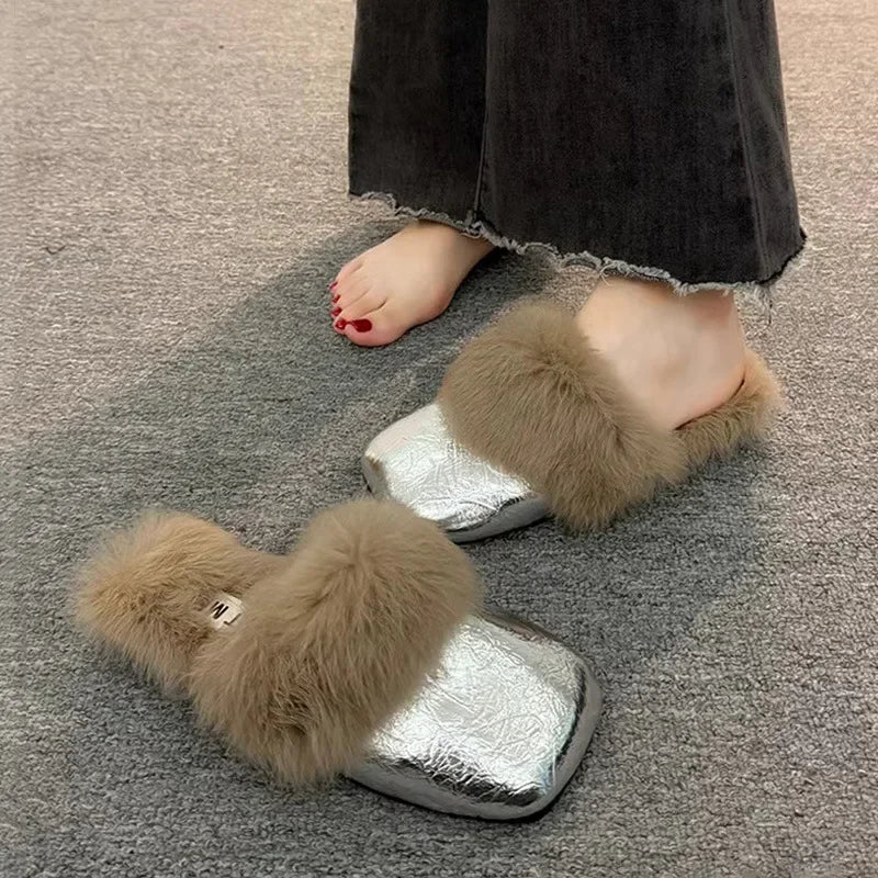 Women's Autumn/Winter Outdoor Wear New Style Flat Bottom Fur Slippers One Foot Drag No Heel Mule Fur Slippers Adult Simple