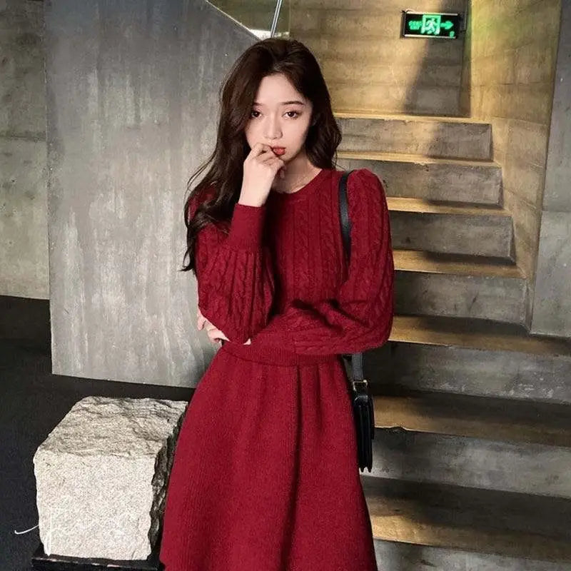 French Temperament Knitted Sweater Dress - High Waist Base Layer Dress for Autumn Winter