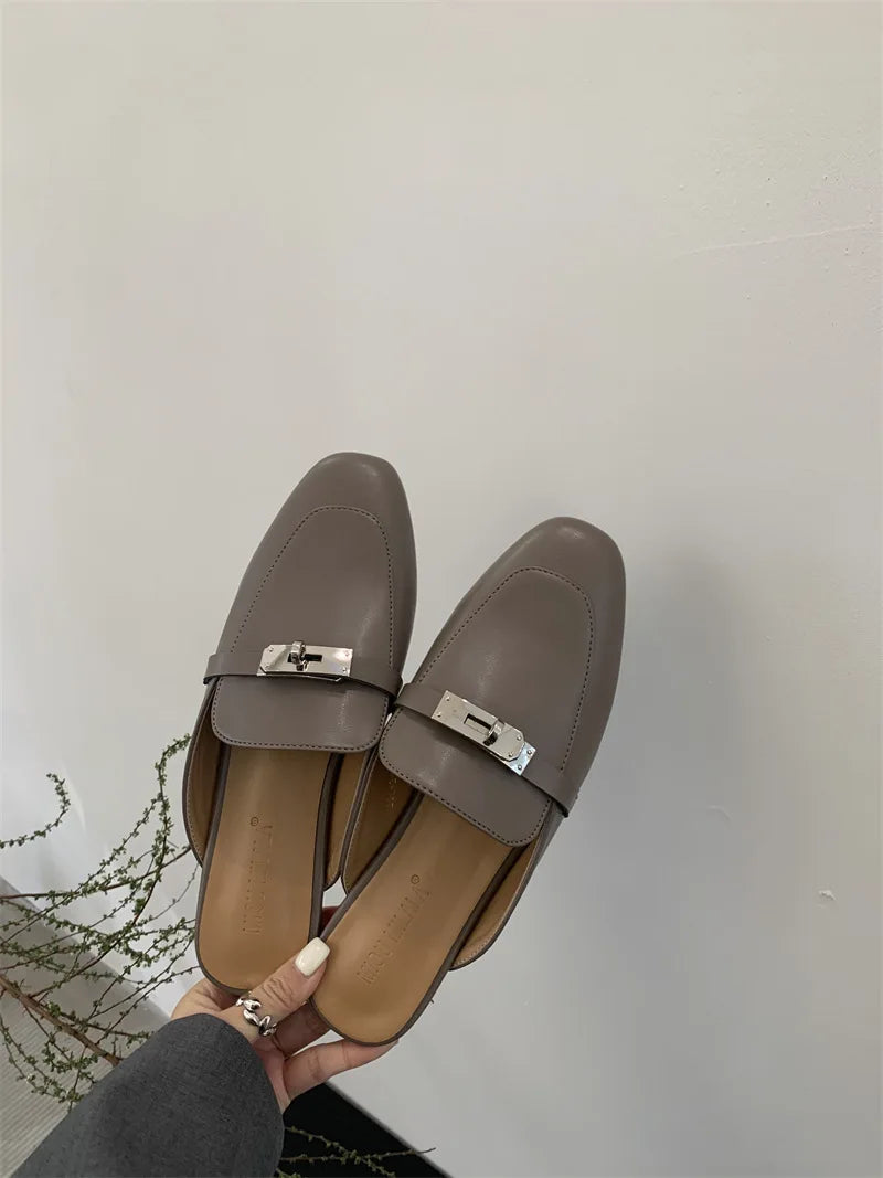 2025 Summer Autumn New Women's Leather Comfortable Slip On Slippers Daily Metal Decoration Casual Outside Mules Female Sandals
