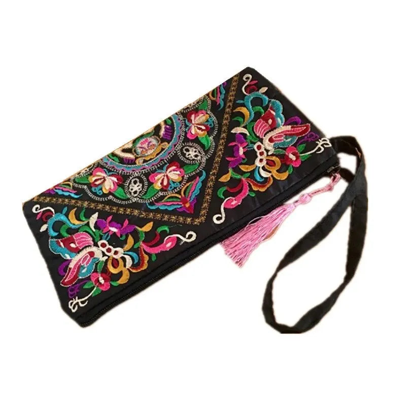 Retro Style Square Purse Ethnic Style Phone Clutches Floral Embroidered Bag Zipper Storage Bag Flower Fabric Clutch Bag