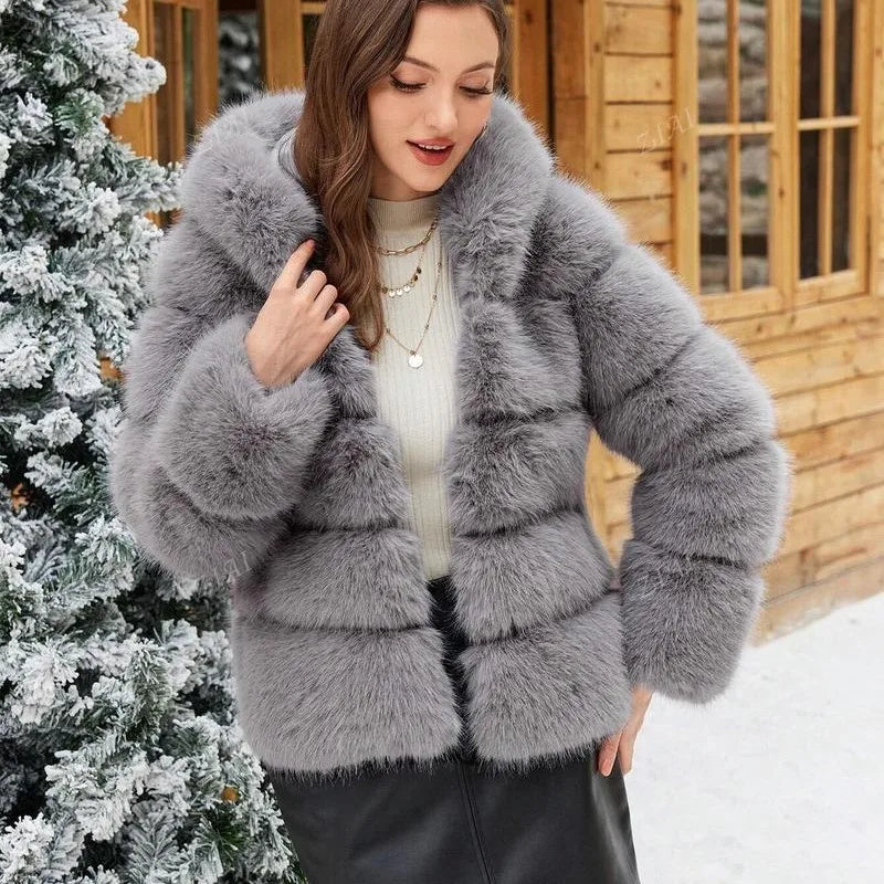 Luxe Women's Short Hooded Faux Fox Fur Coat Fashion Streetwear with Faux Fur Trim Thickened Winter Faux Fur Outwear