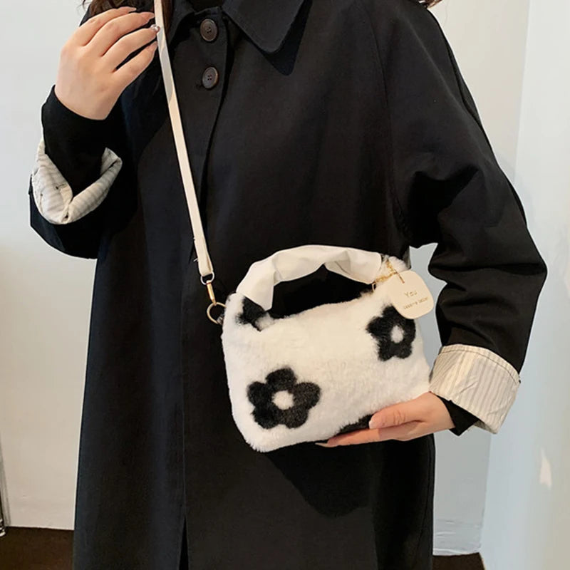 Women Faux Fur Plush Handbags Ruched Handle Small Lady Shoulder Crossbody Bag Casual Half-Moon Hobos Winter Bags for Women