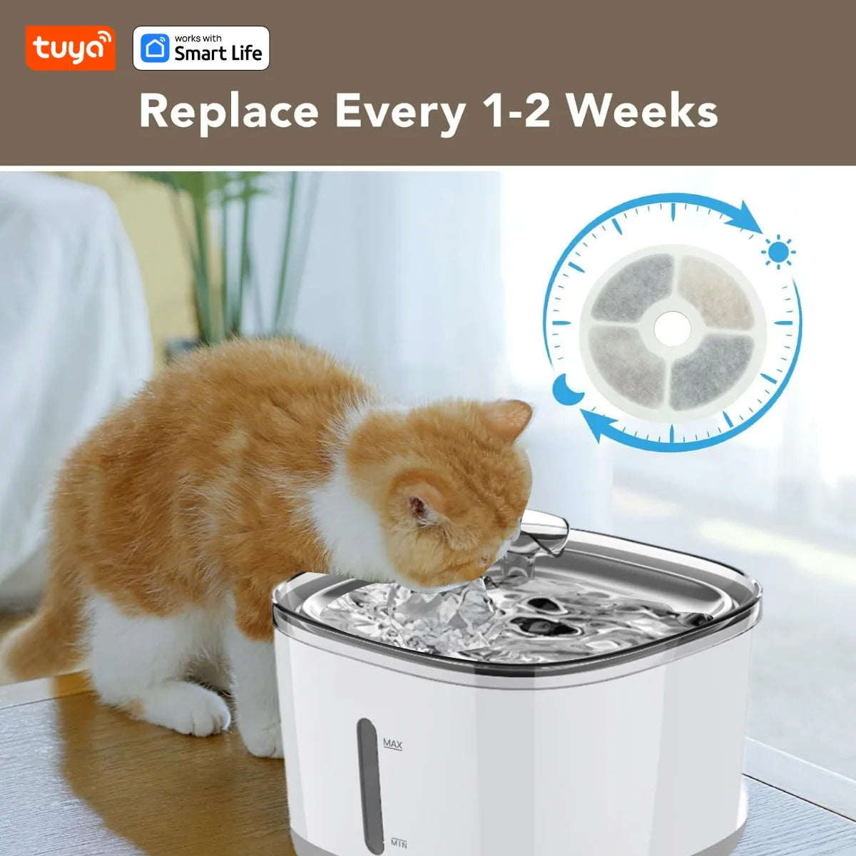 Smart Cat Water Fountain 2.5L - #1 Worldwide Tuya App Pet Water Dispenser with SUS304 Bowl