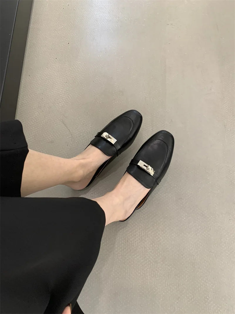 2025 Summer Autumn New Women's Leather Comfortable Slip On Slippers Daily Metal Decoration Casual Outside Mules Female Sandals