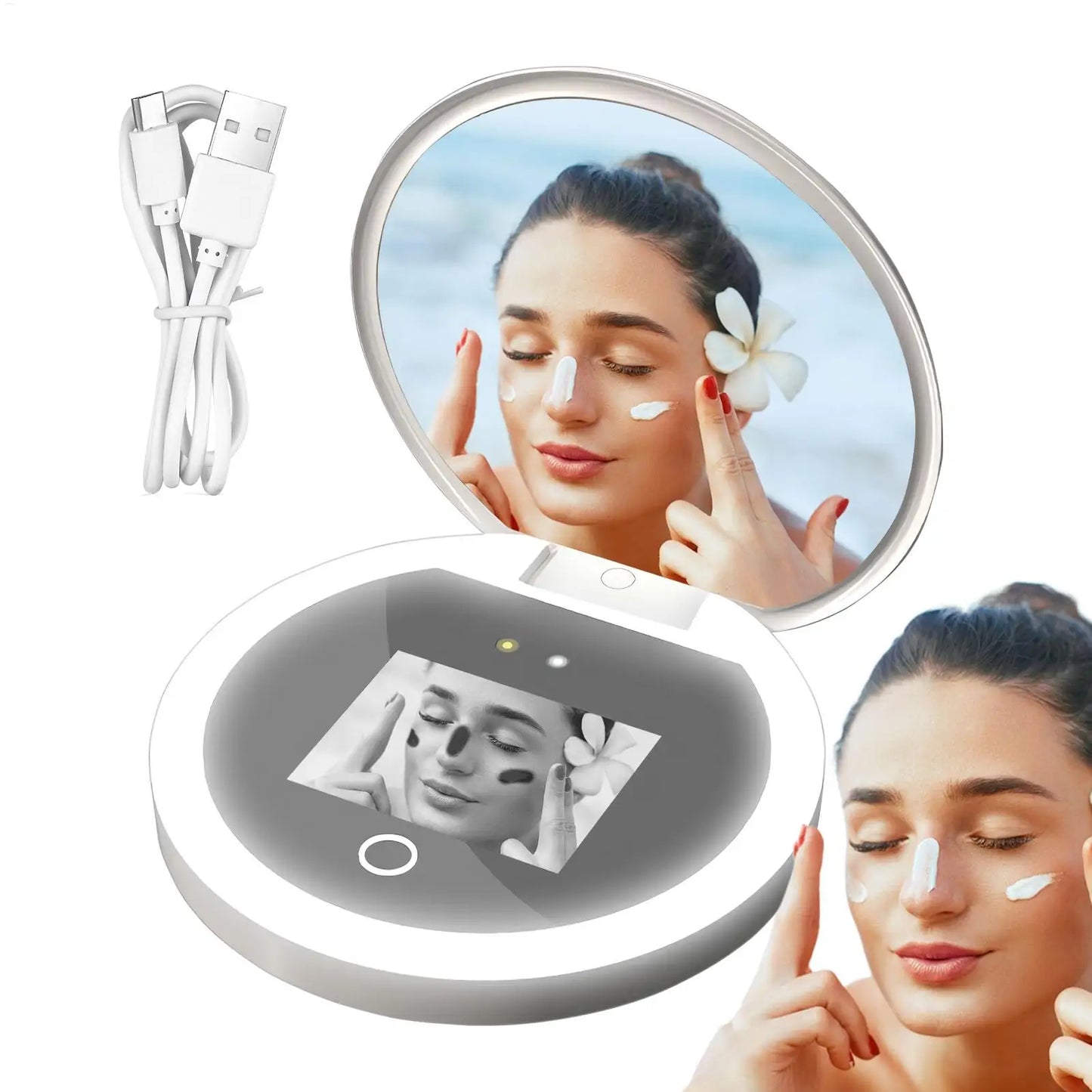 UV Mirror Sunscreen Testing Camera With Light 2X Magnification Travel Makeup Pocket Size UV Smart Sunscreen Makeup Mirror