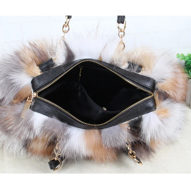 2026 Luxury Real Fox Fur Bag Winter Women Handbag Designer Luxury Bag Evening Party Bags Leather High Quality Shoulder Bag Natural Fur Bag