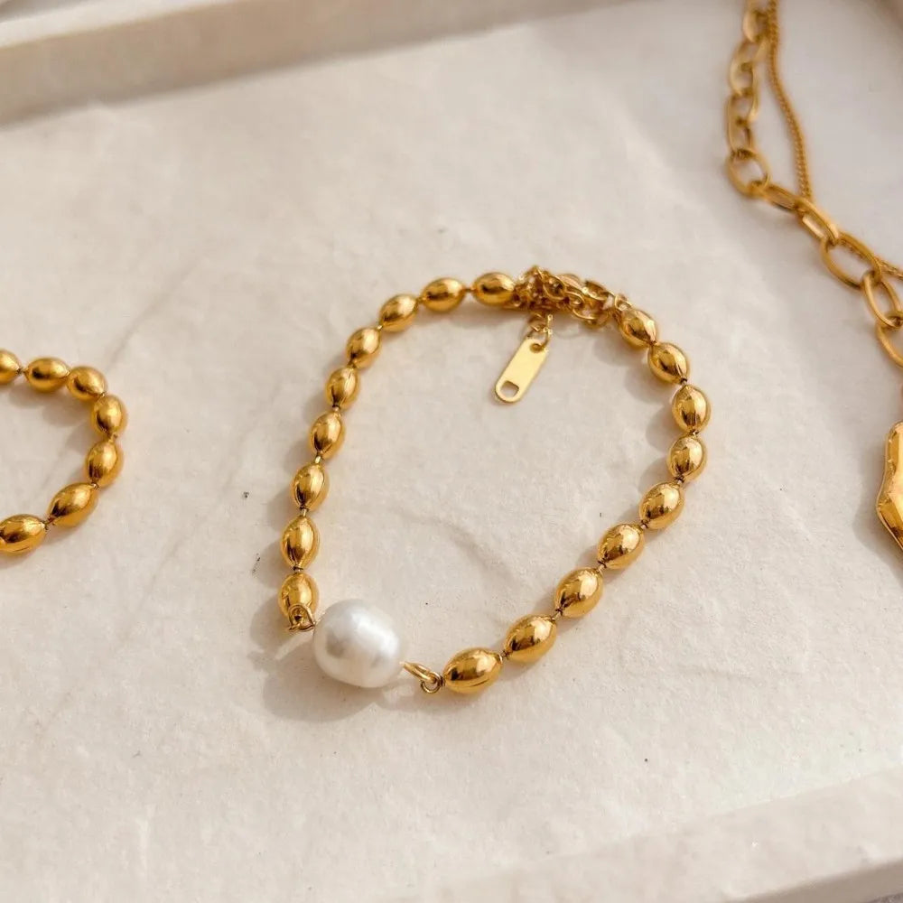 Statement Natural Pearl Charm Beaded Stainless Steel Necklace for Women Gold Color Collarbone Chain Minimalist Jewelry Set