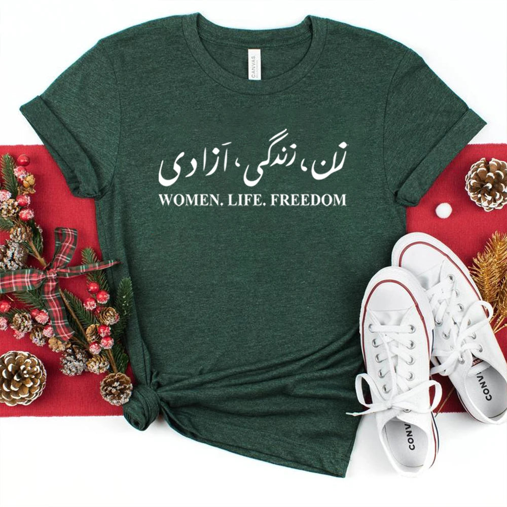 Dark green, fitted graphic t-shirt with white Women Life Freedom text, for casual wear.