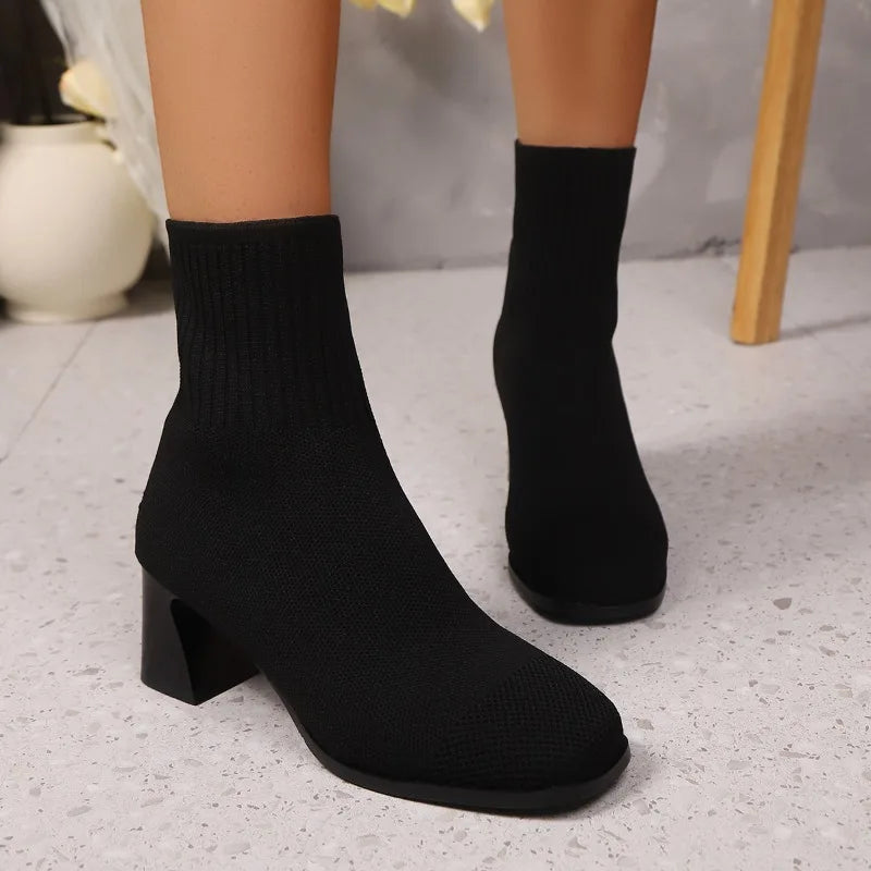 Women's Knitted Heel Boots 2025 - Yellow Beige Fashion Elastic Sock Boots with Square Heel