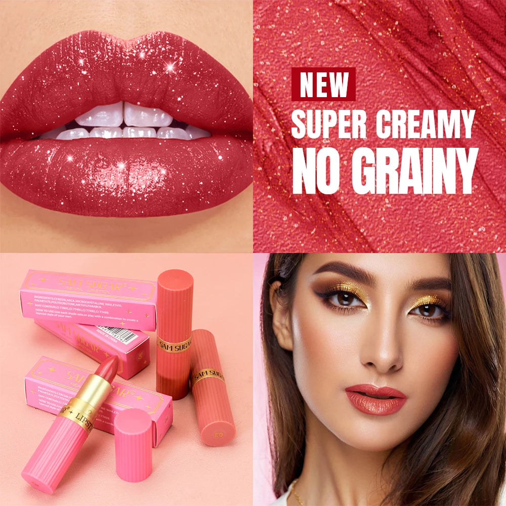 Pearlescent Pink Glitter Velvet Lipstick Metallic Waterproof Long Lasting Matte Shimmer Diamond Lipstick Women Makeup Cosmetic