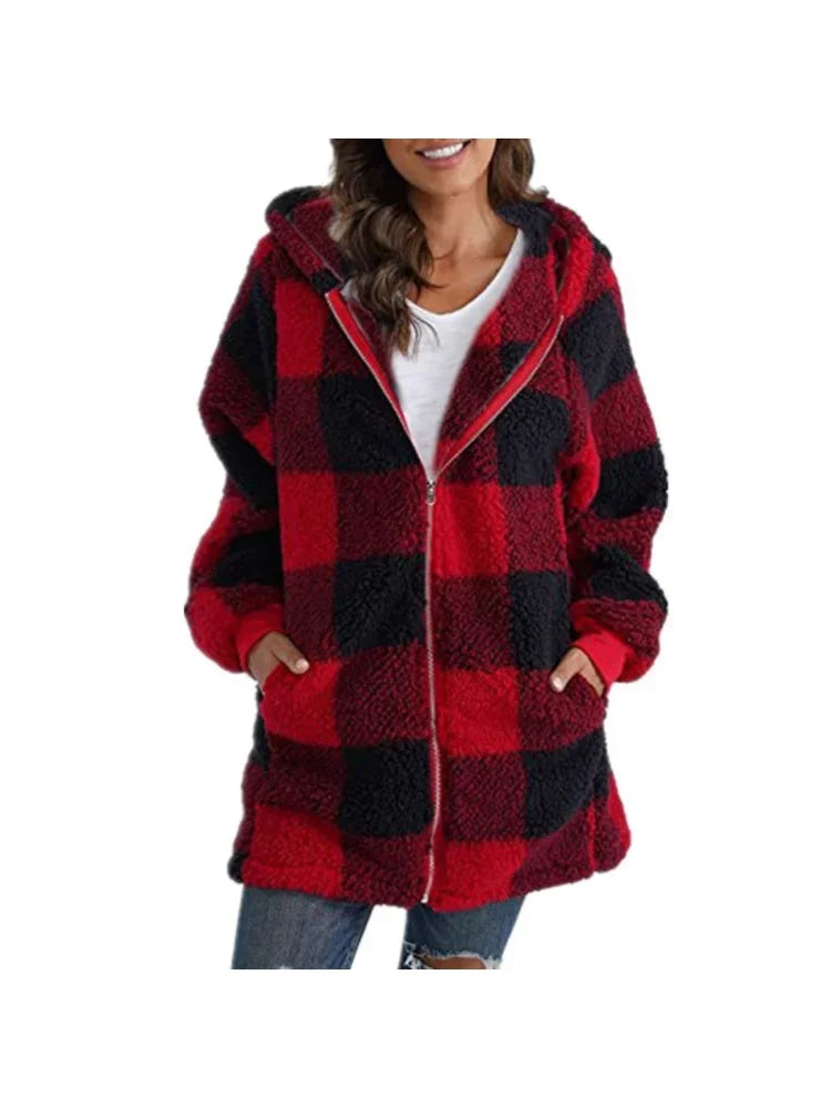 Plush women's coat 2026 long sleeve plaid hooded zipper loose coat with pocket coat women