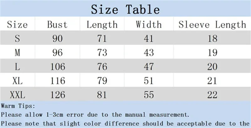 A blue and white chart displaying bust, length, and sleeve measurements for a fitted retro t-shirt for daily wear.