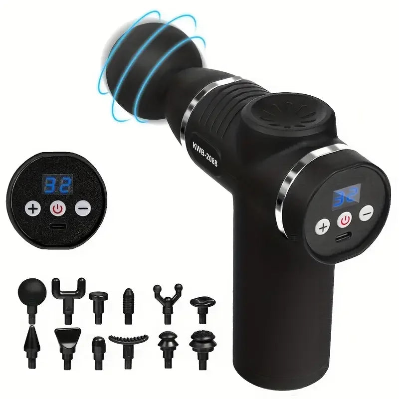 Percussion massage gun with 12 interchangeable heads