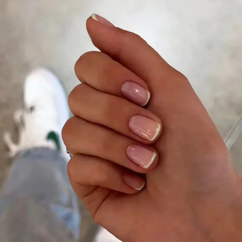 24Pcs French Tip Handmade Press On Nails Minimalist Solid Color Fake Nails Medium Square Full Cover Press On Nail Tips With Glue