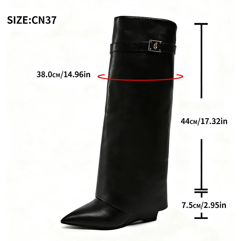 Designer Women's Long Boots - Wide Calf Shark Boots with Wedge Heel Knee High
