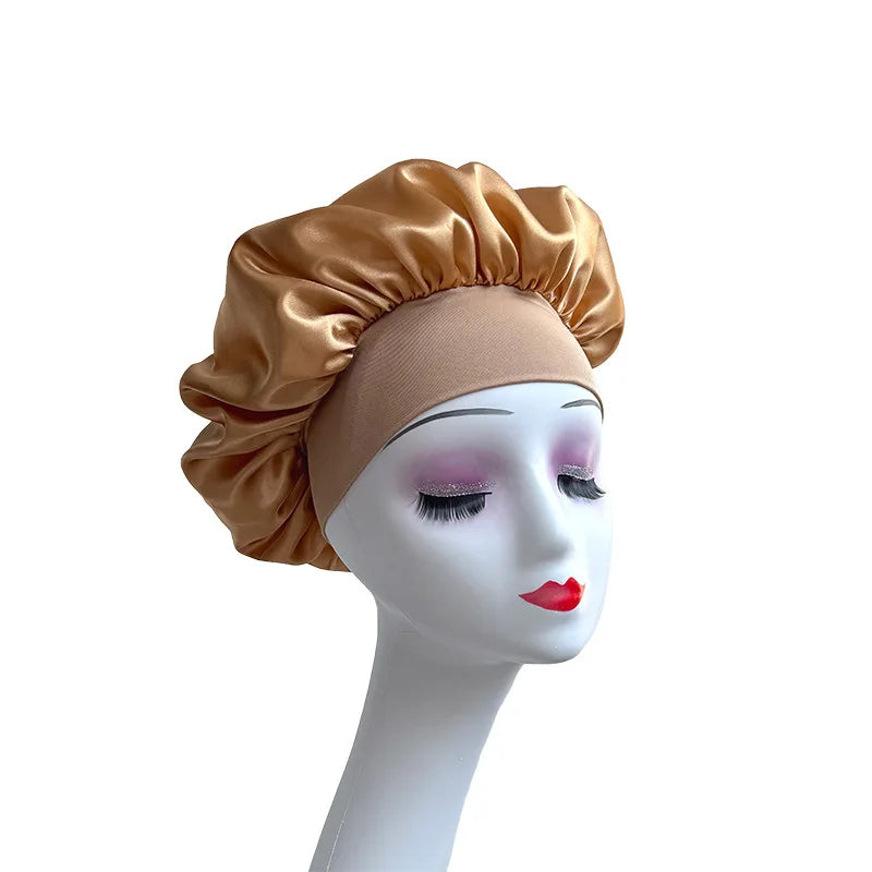 Women Satin Bonnet Wide Band Elastic Sleep Cap Hair Care Head Wrap Beauty Spa Bathing Hat Night Sleeping Cap for Curly Long Hair